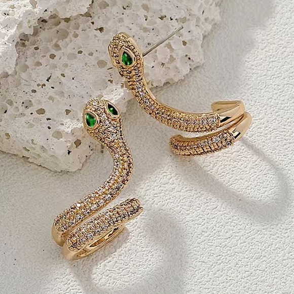 Gold Snake Zircon Earrings Creative Design Trendy Serpent - Picture 4 of 6